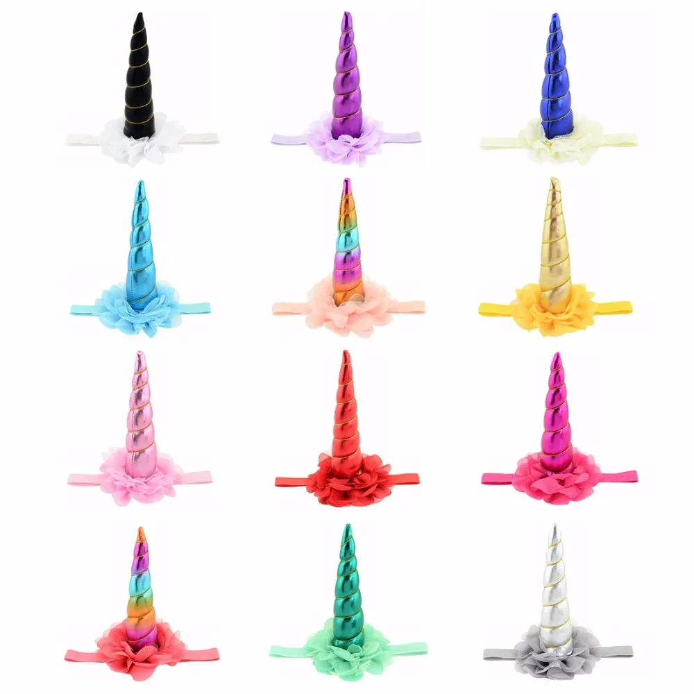

Chiffon Flower 12Pcs/lot Girls Headband Elastic Hairband Flowers Headband With Unicorn Horn Kids Hair Accessories 869
