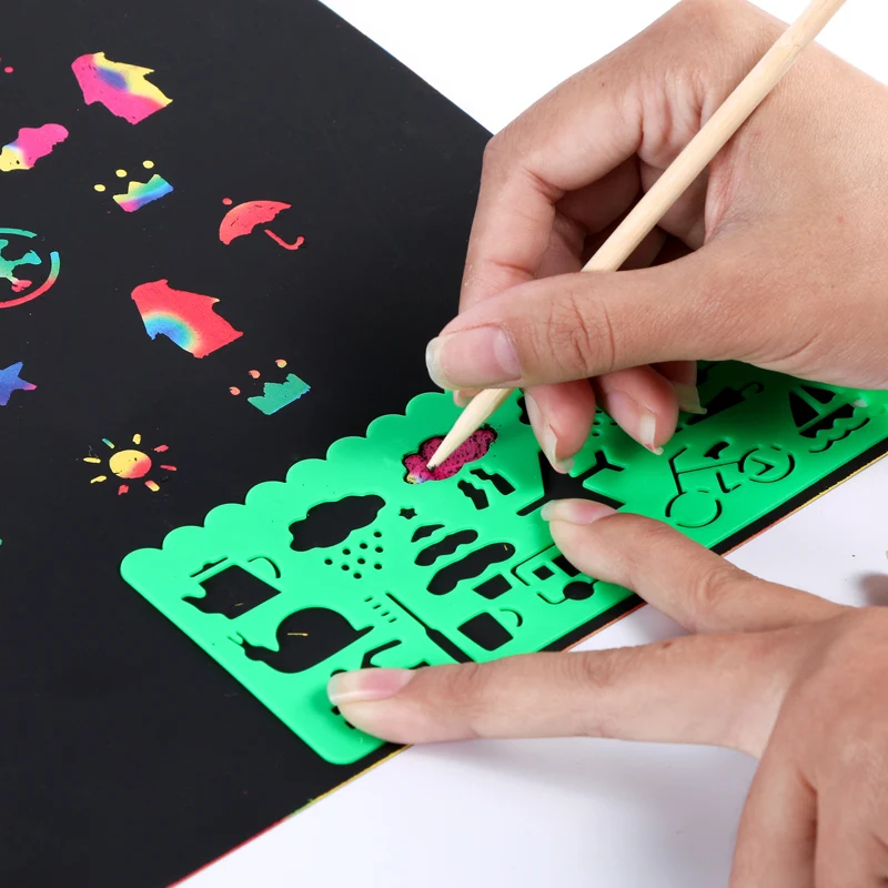 10pcs A4 size Children Scratch Painting Papers with Drawing Stencils Kids Scraping Paper Paint Learning Kindergarten Preschool | Игрушки и