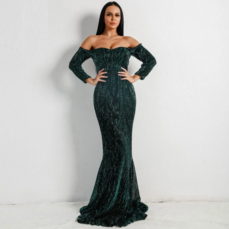2019 Eelgant Maxi Dark Green Rose-gold blue Sequin Dress New Chic Summer Evening Celebrity Party Vestidos Off The Shoulder | Женская