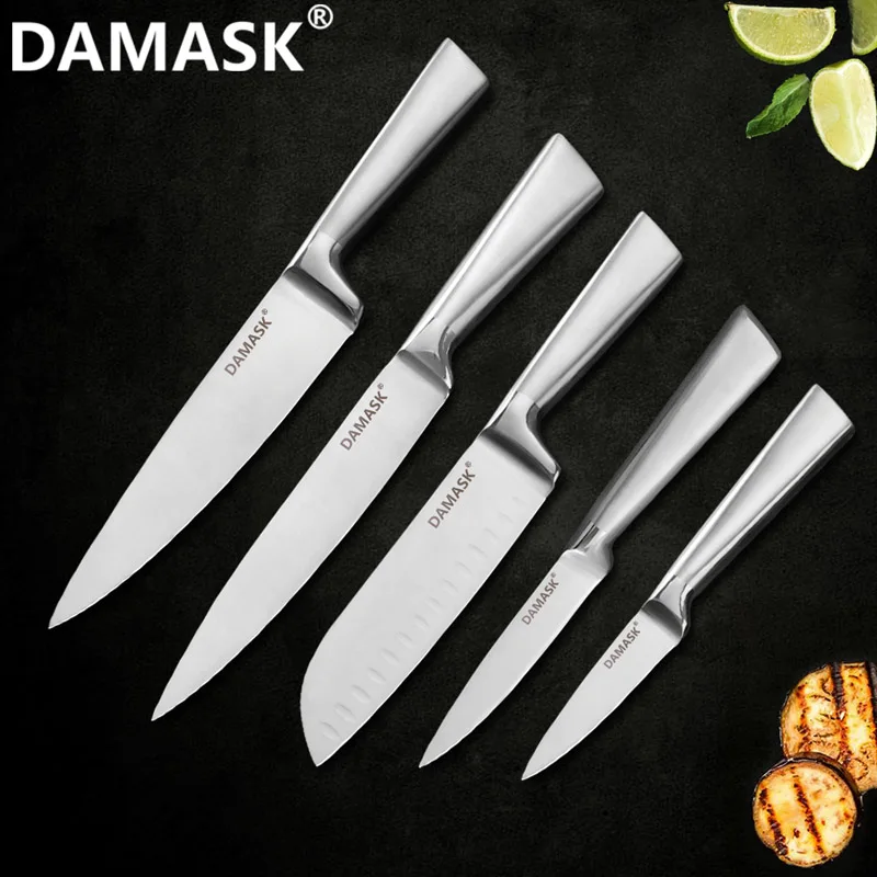 Дамасский набор кухонных ножей из нержавеющей стали, фруктовый нож Santoku для нарезки хлеба, нож шеф-повара, ножницы, точилка и Держатель ножей - Цвет: 5 PCS