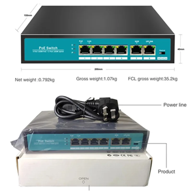 6 портов 100mbps сетевой коммутатор 48В Быстрый Ethernet POE с 4 портами + 1uplink 1 NVR для AP/IP