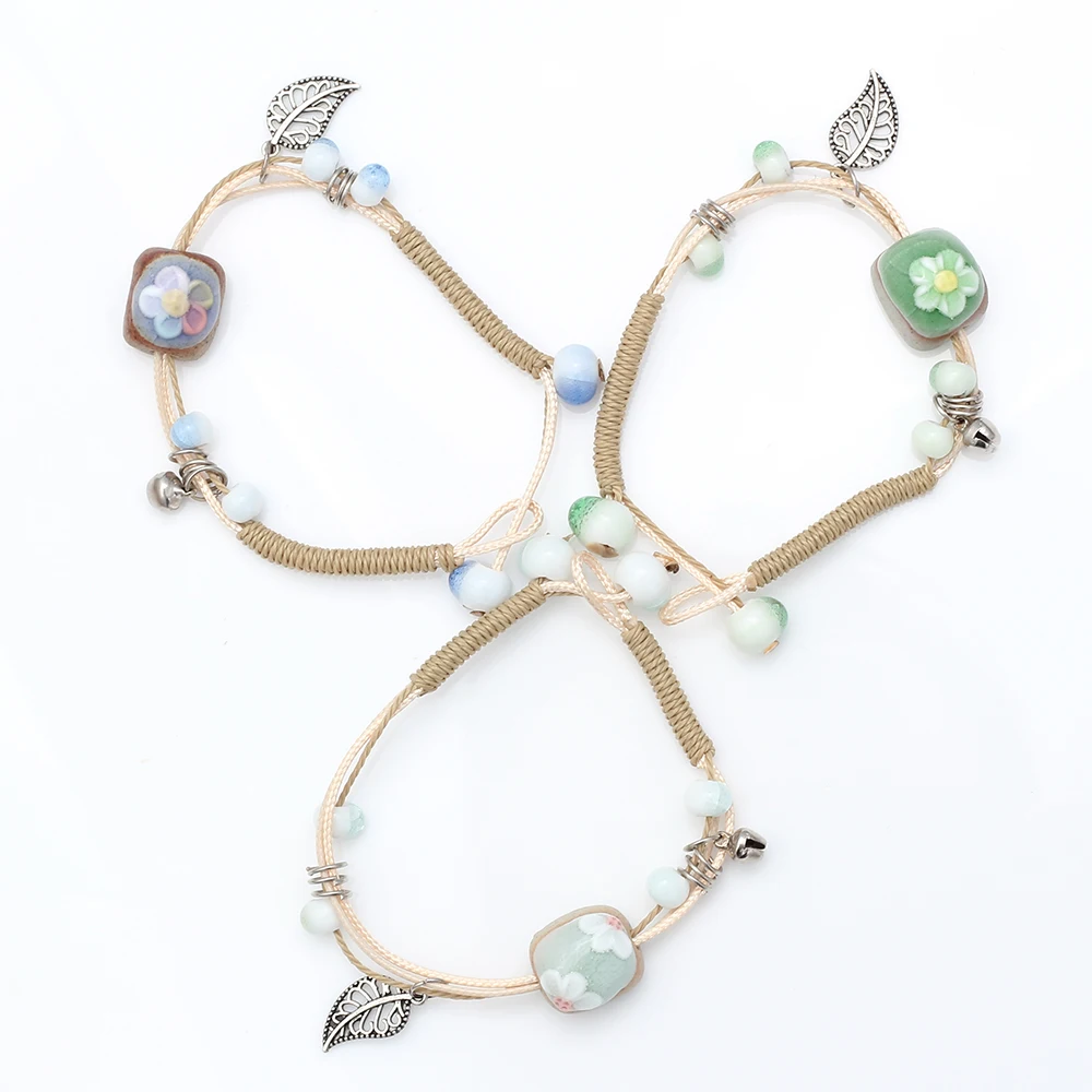 Женский браслет ручной работы керамический с цветами и листом|Цепочки браслеты| |