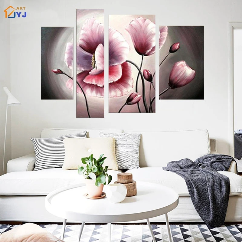 Модульная картина с розовыми цветами 4 панели настенное искусство подарок для