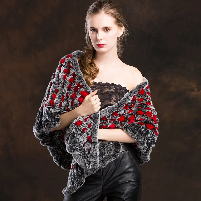

Contrast color knit natural rex rabbit fur shawl poncho fashion fur jackets women 2019 new style real fur coats