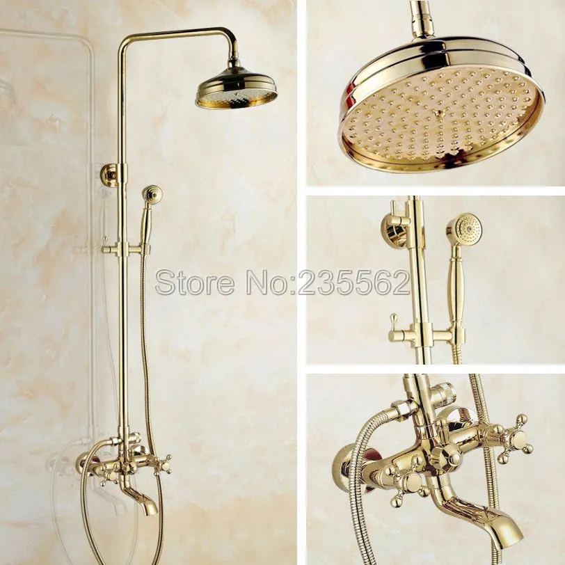 

Gold Color Brass Wall Mounted Rain Shower Faucet Set with Hand Spray Tap + 8 inch Bathroom Shower Heads lgf381