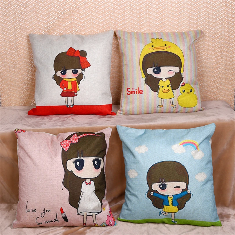 

The New Linen Cushion Cover Cute Girl Pillowcase Cartoon Throw Pillow Case Car Office Home Decor Sofa Pillow Cover 45cm*45cm
