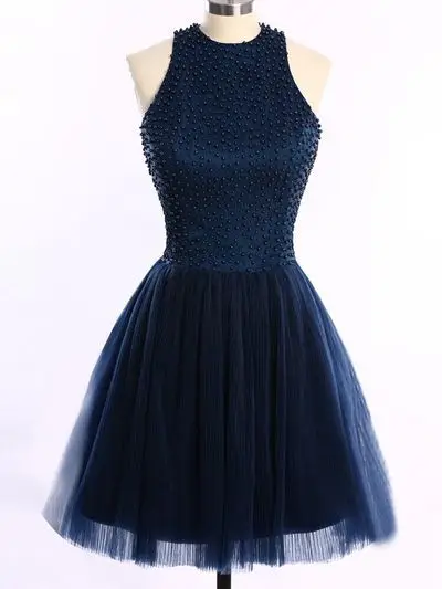 Платье-Холтер для выпускников темно-синее короткое из тюля расшитые бисером