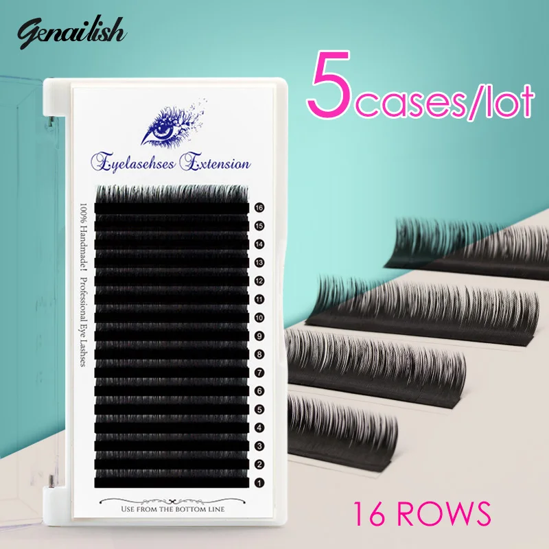 Genailish 5 чехлов/лот Высокое качество 16 строк норка наращивание ресниц