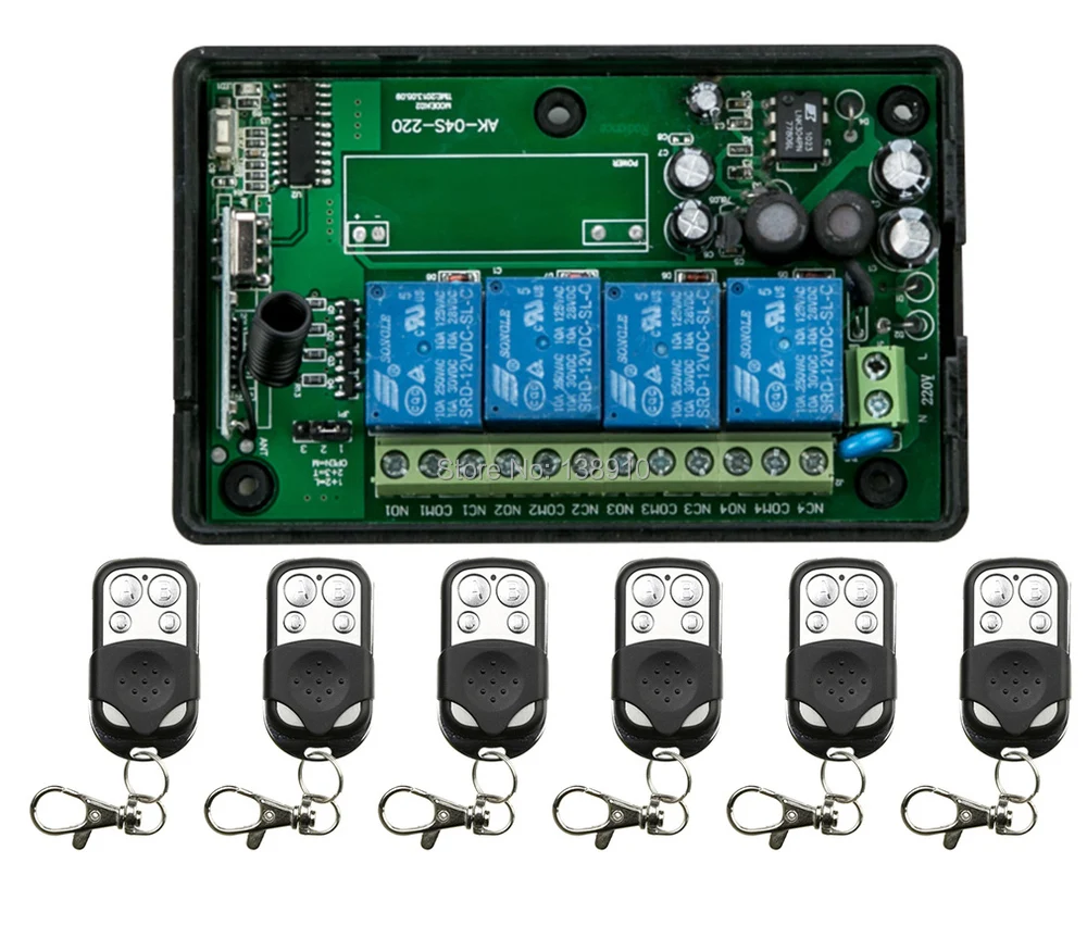 Беспроводная радиочастотная система дистанционного управления 85-250 В, 110 В, 220 В, 4 канала, релейный переключатель с 6 передатчиками для гаражных дверей, электрических дверей