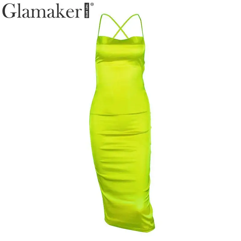 Зеленый Glamaker сатиновое платье с бретелькой через шею, на шнуровке, с v-образным вырезом, тонкое платье миди, женское платье с открытыми плечами и открытой спиной, облегающее платье, женское элегантное сексуальное летнее платье - Цвет: Зеленый