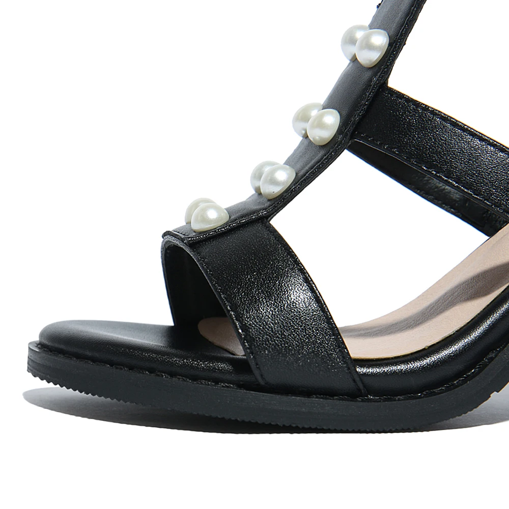 Модные летние туфли из натуральной кожи с жемчугом и римскими змеями