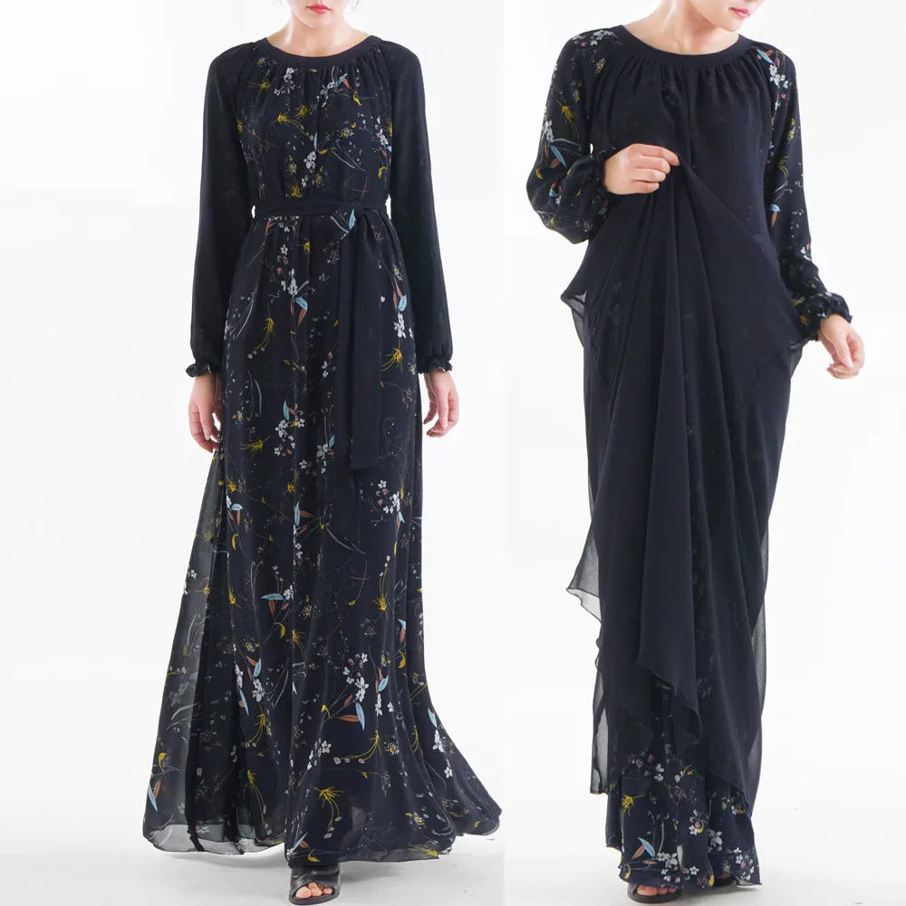 2019 мусульманское женское Цветочное платье абайя с длинным рукавом двустороннее шифоновое платье мусульманская женская одежда