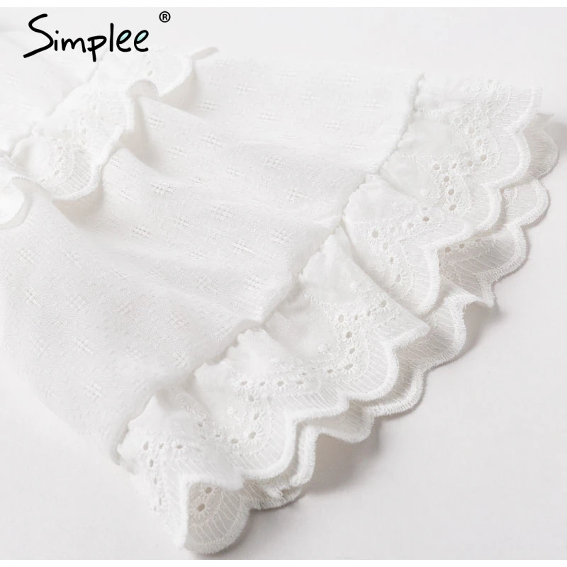 Simplee Elegant embroidery white women dress Flare sleeve ruffle sashes summer dresses Casual v-neck sexy dress female vestidos