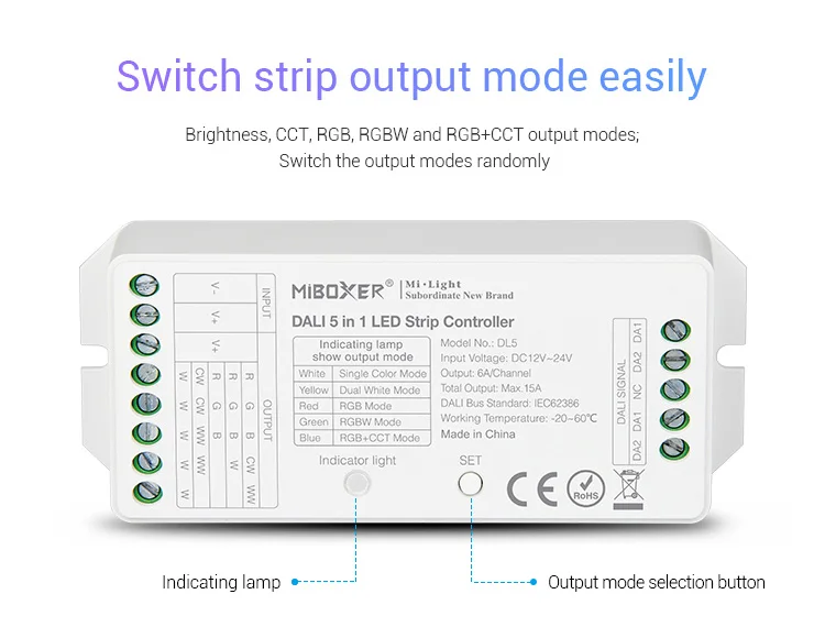 MiBOXER DC12V-24V DALI 5 в 1 светодиодный контроллер DL5 15A диммер для одного цвета/CCT/RGB/RGBW/RGB+ CCT светодиодный светильник