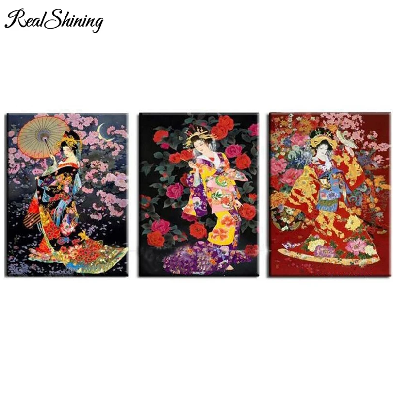 

REALSHINING square drill diy diamond embroidery triptych Japanese woman home decor diamond mosaic needleworks 3d stitch FS1534