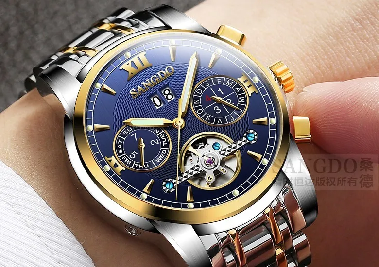 Часы наручные Sangdo мужские с автоподзаводом роскошные механические Т-образным