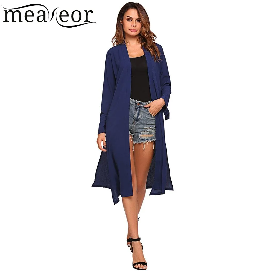Meaneor женский длинный кардиган тонкий открытый передний разрез подол осень
