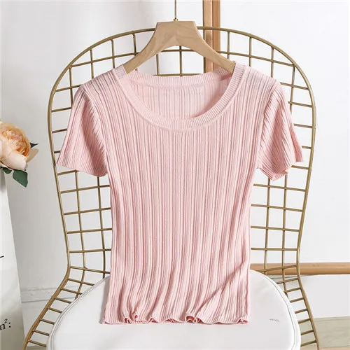 pink НОВАЯ Трикотажная летняя футболка Женская Повседневная футболка с короткими рукавами дышащая эластичная трикотажная футболка с круглым вырезом Женская футболка D00501 - Цвет: pink