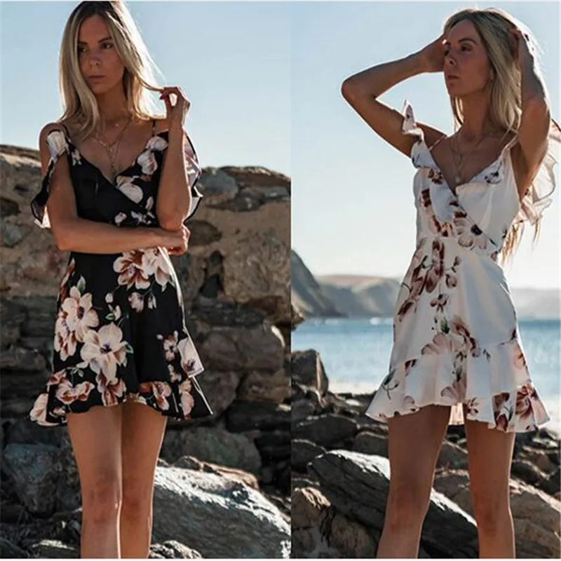 

Women Summer Floral Dress Off Shoulder Boho Chiffon Party Beach Short Mini Dress Sexy Spaghetti strap Holiday Ruffle Sundress