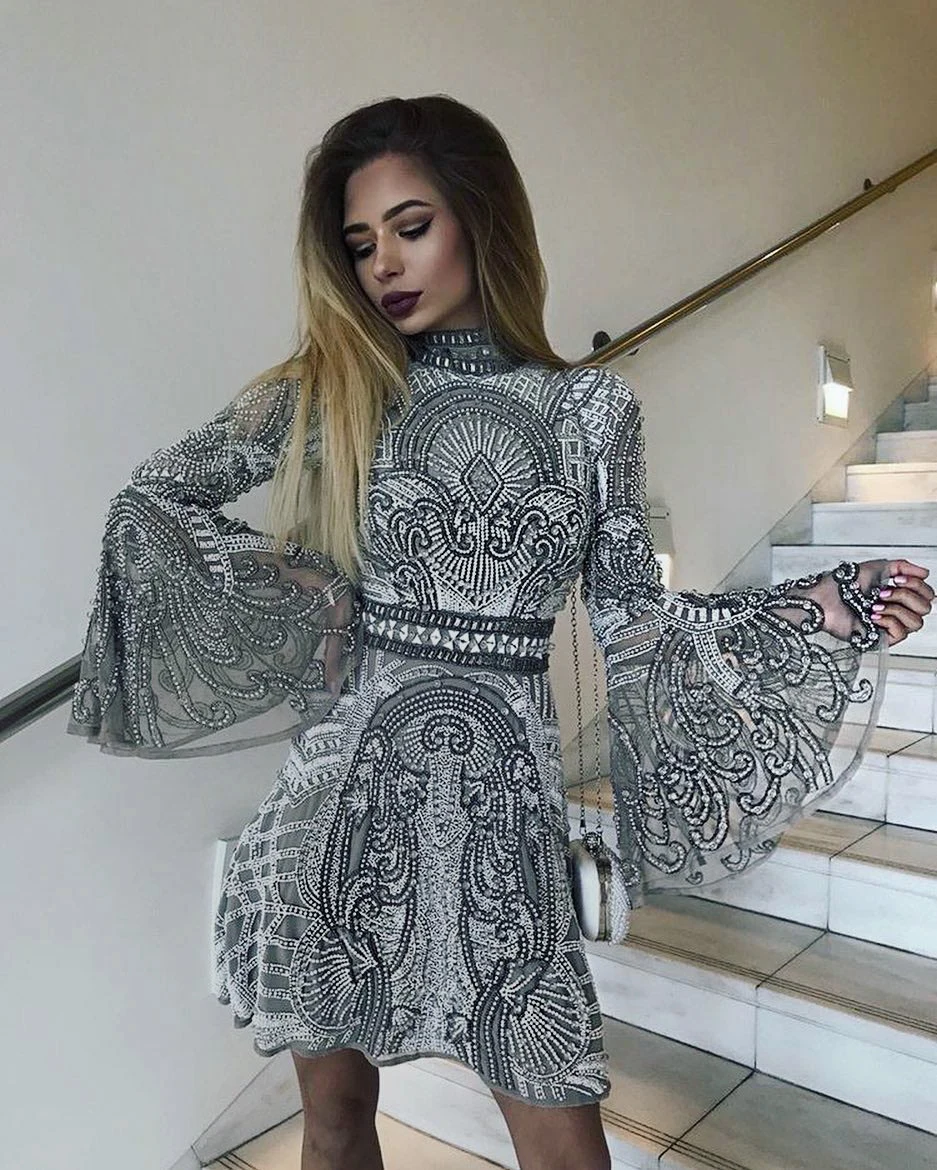 Женское кружевное платье с блестками вечернее круглым вырезом и Расклешенным