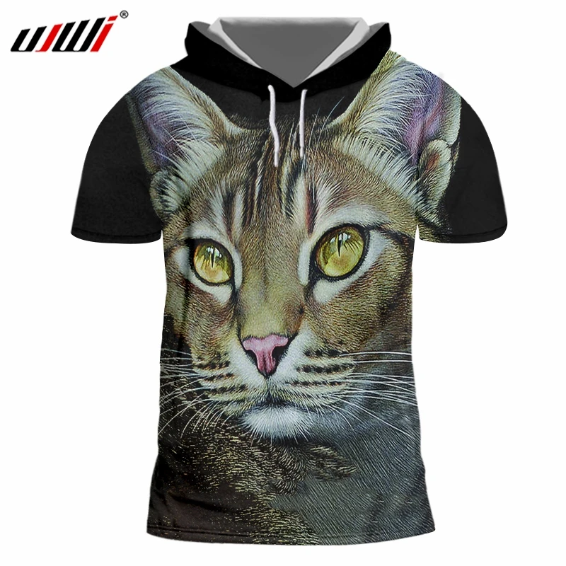 

UJWI Man Creative New Hooded Tshirt 3D Printed Interesting Beard Cat Oversized Unisex 6XL Amber Eye Animal T-Shirt