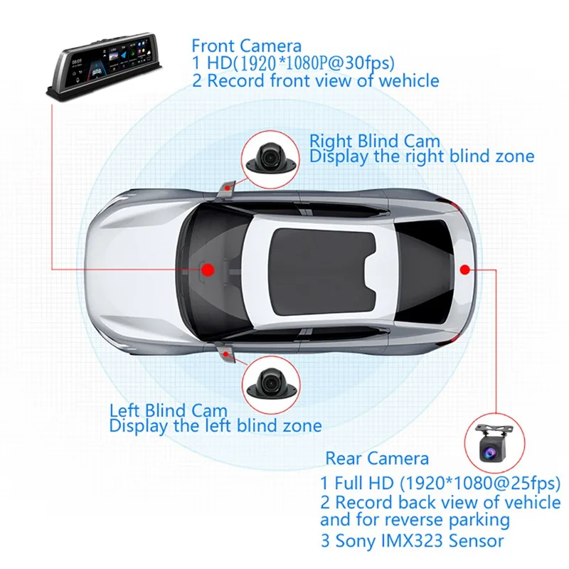 Автомобильный видеорегистратор TAVIN 4 камеры 4G Android ADAS Bluetooth Wi-Fi GPS 10-дюймовый