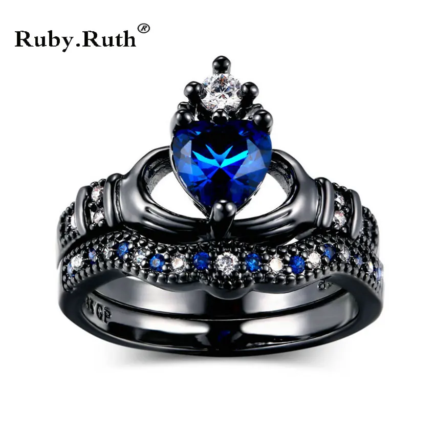 Женское кольцо с кристаллами циркония черный и синий цвета|crystal rings for women|claddagh