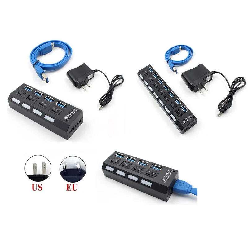 Набор 4 Порты и разъёмы или 7 Usb 3 0 концентратор вкл/выкл кнопка + Ac Мощность адаптер