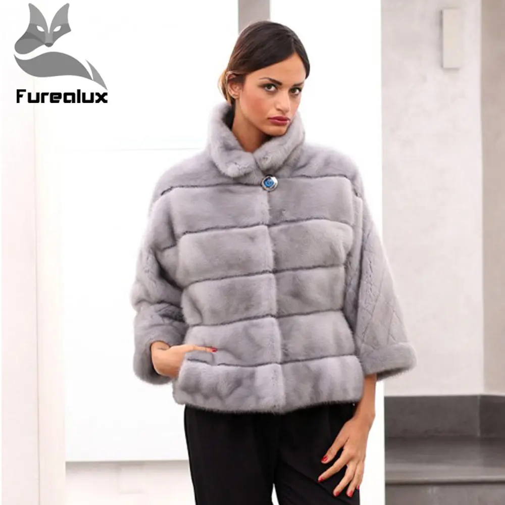 Шуба из норки Furealux, шуба из натурального меха, шуба с воротником-стойкой, шуба из цельной кожи норки, короткая шуба из натурального меха норки, модная шуба из натурального меха