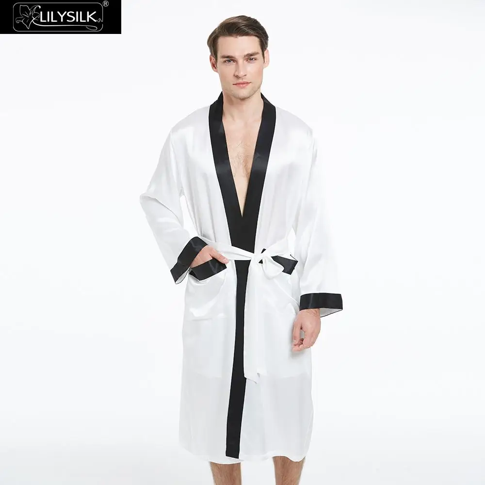 White LilySilk халат одежда для сна для мужчин с контрастным цветом чистый 100 шелк 22 momme Роскошная натуральная мужская одежда - Цвет: White