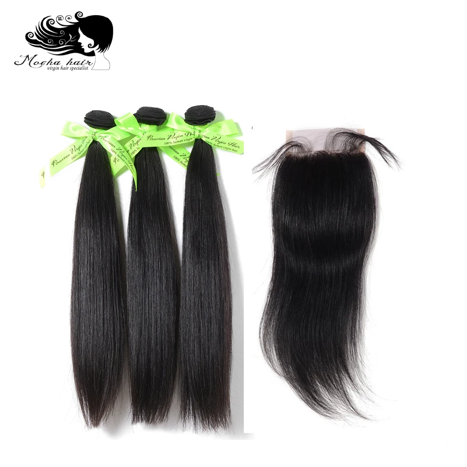 MOCHA Hair 10A перуанские прямые волосы для наращивания 3 пучка с 4X4 кружева закрытие девственные человеческие волосы переплетения пучки