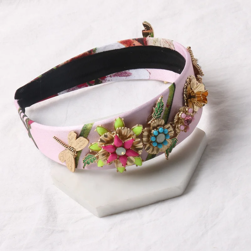 New Vintage Baroque Pink Silk Headbands For Women Resin Flower Gold Starfish Crowns Bridal Hair Ornament Head Jewelry Headpiece | Украшения