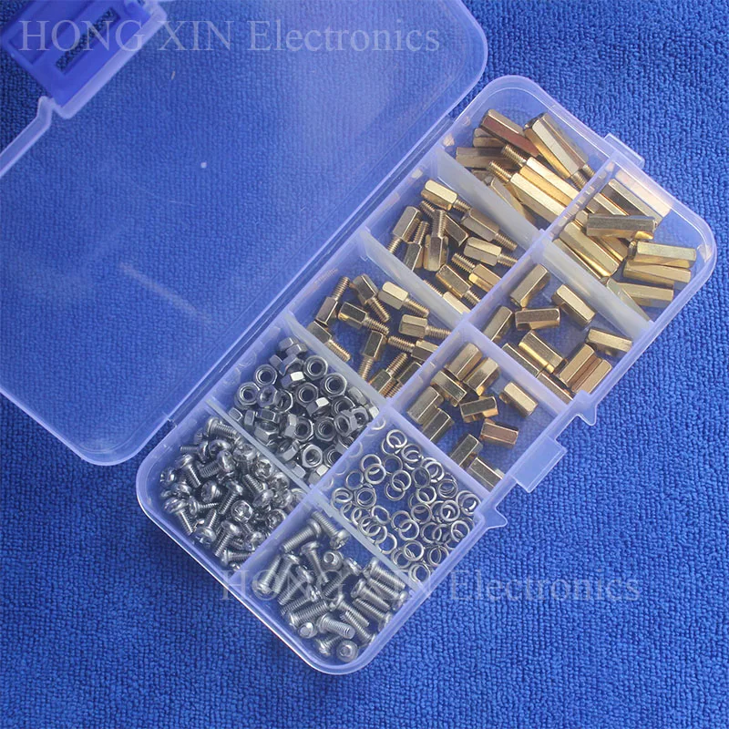 

230Pcs/M3 PCB Threaded Male-Female/Female-Female Brass Standoff Spacer Board Hex Screws Nut Springwasher Assortment Box kit set