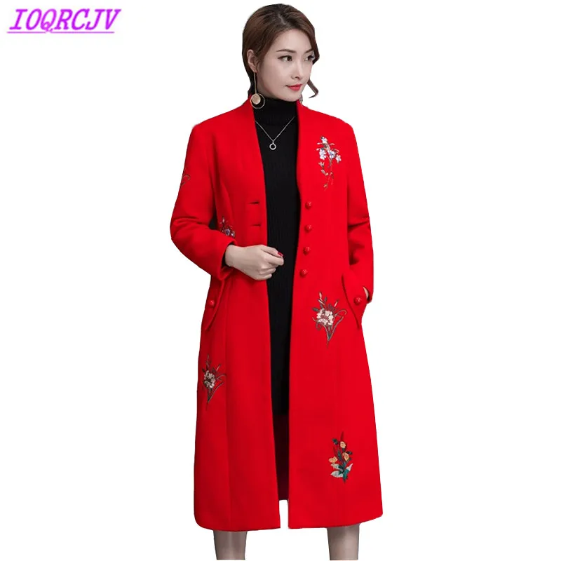 2018 осенне зимние женские шерстяные куртки с вышивкой красная шерстяная одежда