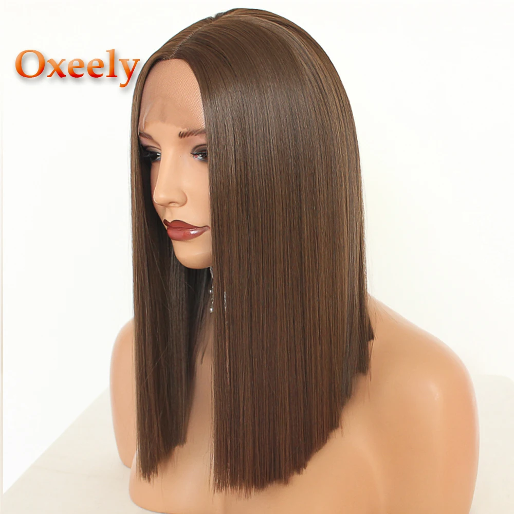 Oxeely, коричневый цвет, короткий парик для волос, синтетический парик для фронта шнурка, бесклеевая#8 Lob, прямой парик, термостойкий для черных женщин