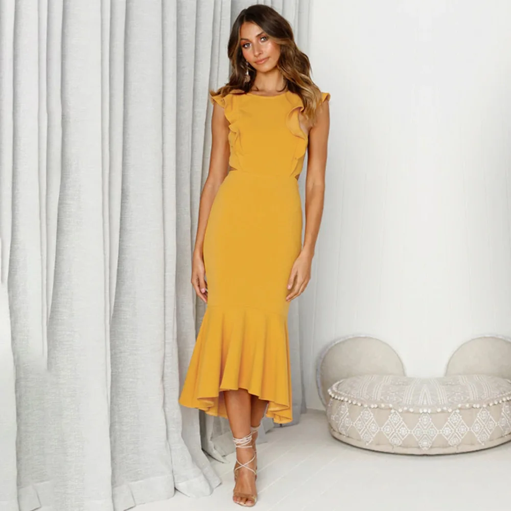 Женское Клубное платье без рукавов Fishtail желтое красное миди с рюшами и бабочками