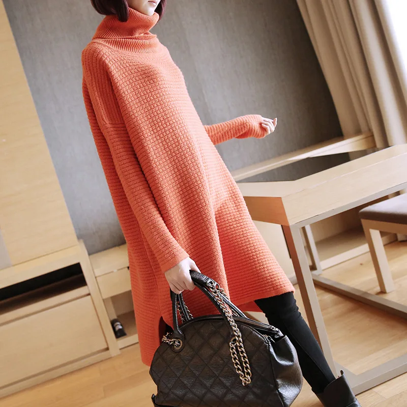 

Turtleneck Women's Knitted Medi Thicked Sweater Dress for Autumn and Winter