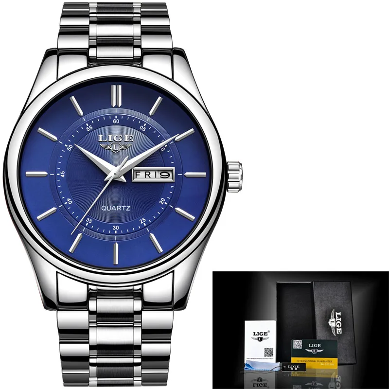 Silver blue LIGE Новые Топ люксовый бренд часы мужские модные повседневные кварцевые часы мужские военные спортивные водонепроницаемые часы relogio masculino - Цвет: Silver blue