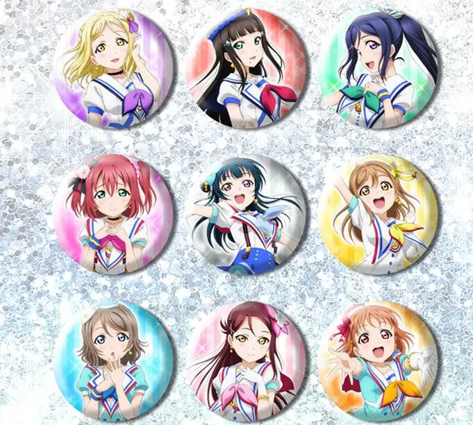 9 шт./компл. 58 мм значок Аниме обувь в стиле аниме «Живая любовь! Lovelive Sunshine! Aqours Takami Chika Kurosawa Dia Mari значок булавки круглая брошь - Окраска металла: B  9pcs set