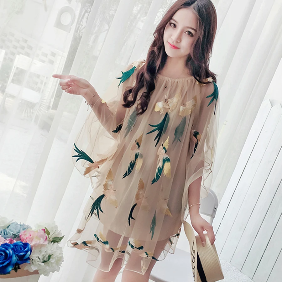 Женское летнее платье с вышивкой Boho прозрачное Сетчатое длинными рукавами