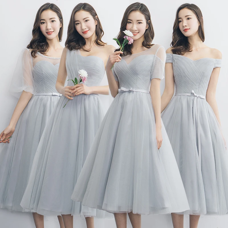 Женское платье подружки невесты синее до середины икры с рукавом локтя для