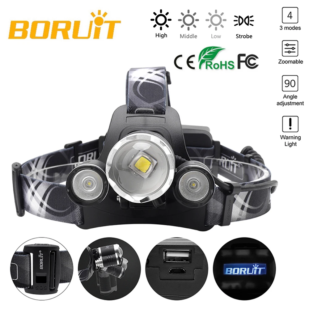 

BORUIT B22 Rechargeable Zoomable Headlamp XM-L2 2X XPE White LED Micro USB Zoom Headlight Head Light Torch 18650 PCB Batteries