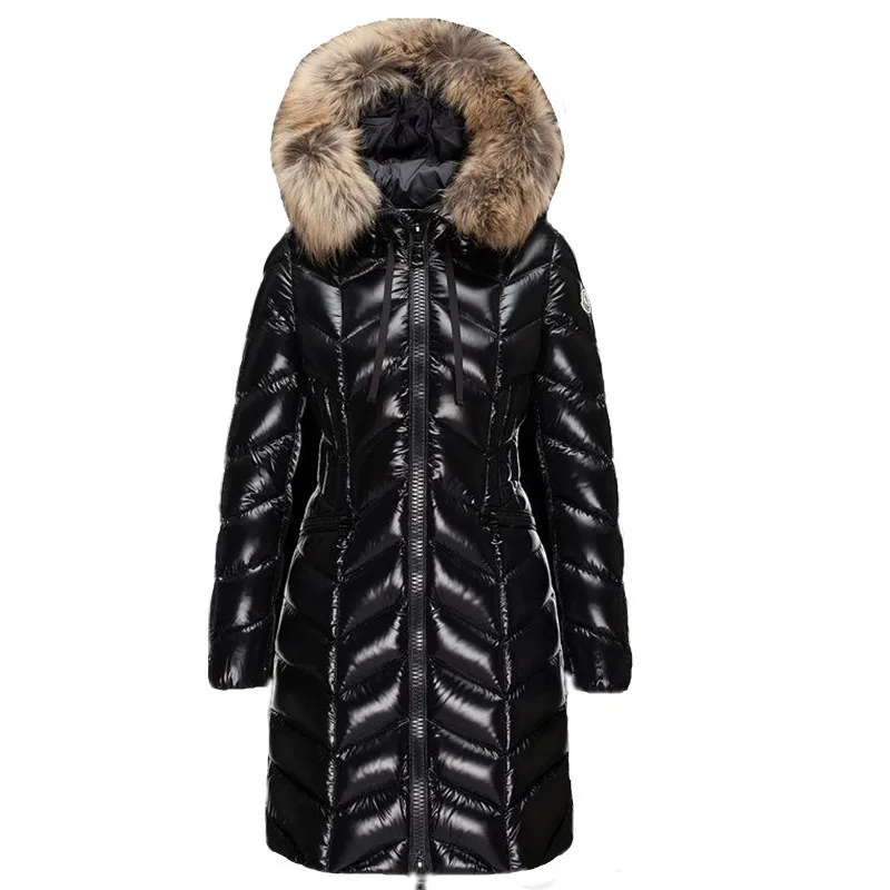 Big Star Winter Black Coat Women Fashion 90% White Duck Down Jacket Raccoon Fur Collar Thick Slim Long Windproof Outerwear PJ346