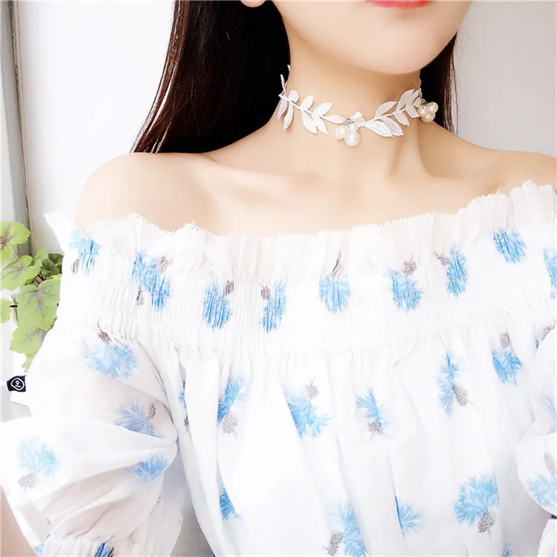 White And Black Lace Leaves Pearl Necklace Collar Summer Lock Fashion Jewelry Charm Kolye Jewellery Statement | Украшения и