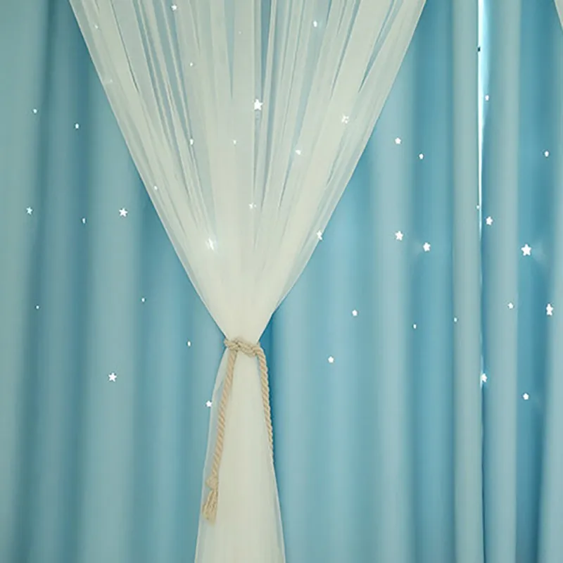 Синий Nordic Ins Modern Tulle+Black Out Double Curtains with Star Tassel Black Out Blinds Window Curtains For Living room Home textile - Цвет: Синий