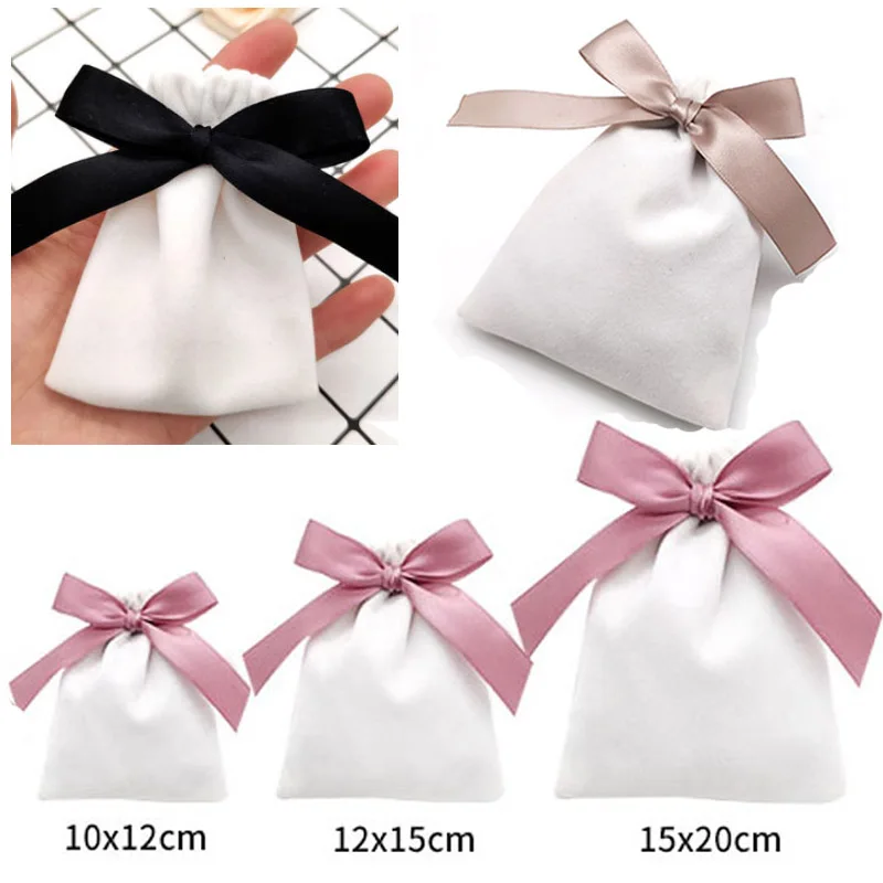 White Velvet Ribbon Gift Bags Jewelry Sack 7x9cm 10x12cm 12x15cm pack of 50 Eyelashes Makeup Lipstick Drawstring Pouches