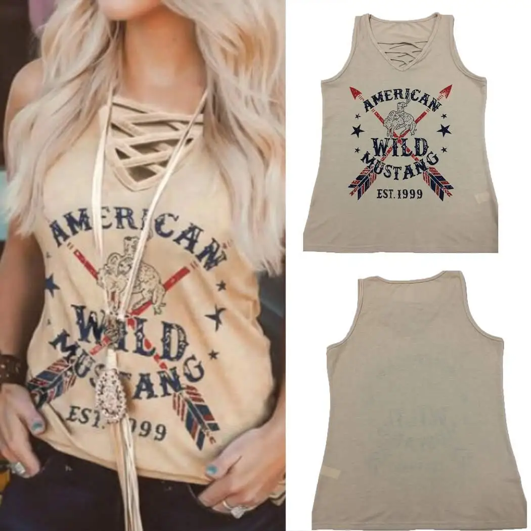 Женская мода с v-образным вырезом без рукавов буквенным принтом крест-накрест