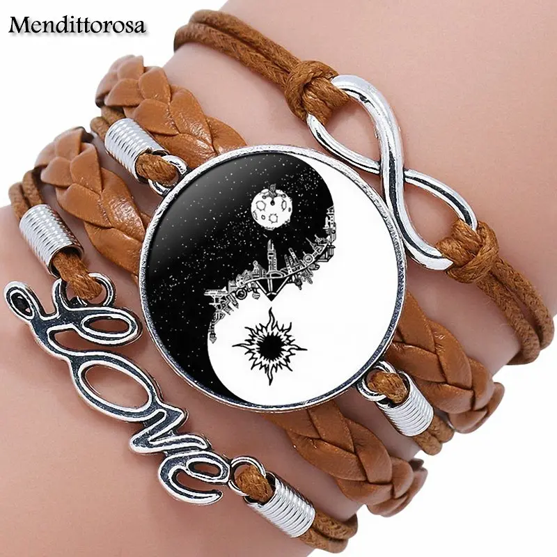 Многослойные черный/коричневый кожаный браслет бижутерия со стеклянными