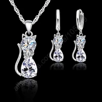 new jewelry set 925 sterling silver cat shape crystal zircon earrings pendant necklace for banquet dress wedding party