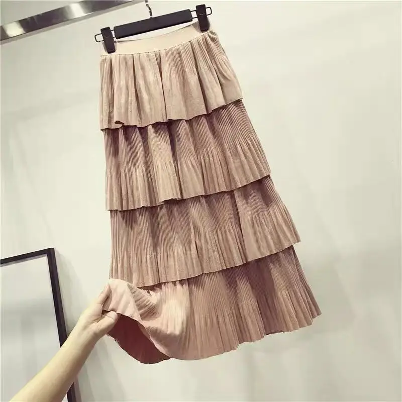 

2019 Spring New Arrival Vintage Suede Layer Skirt Solid Color Elegant Faldas Largas Elegantes 5 Colors Available clothes